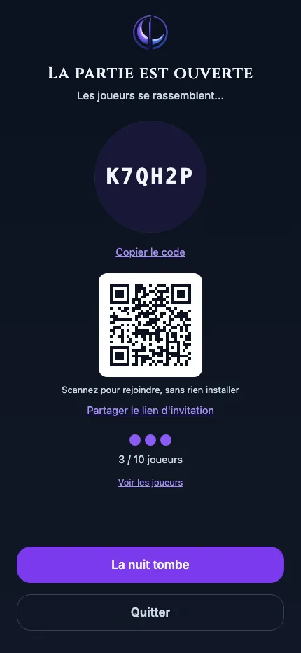 Écran de l'hôte : « La partie est ouverte », avec le code K7QH2P et le QR code à scanner pour rejoindre la veillée.