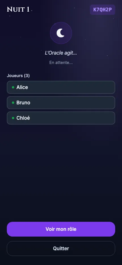 Écran de nuit : « Nuit 1 », l'Oracle agit, avec la liste des joueurs et le bouton « Voir mon rôle ».