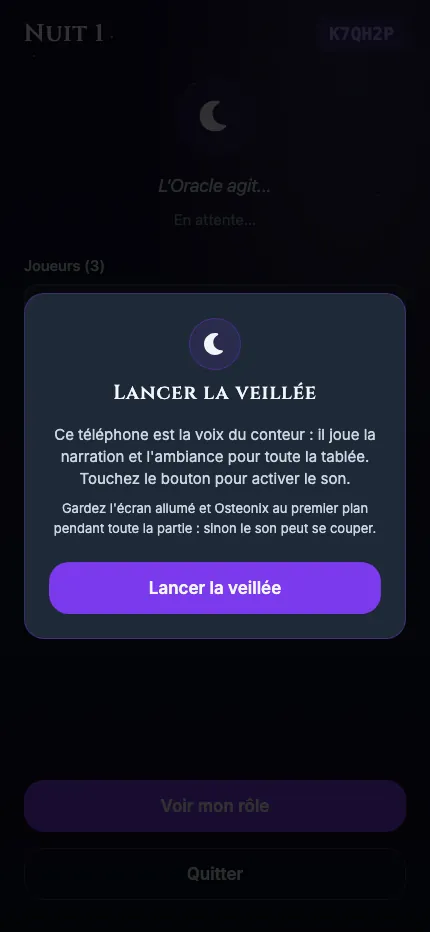 Écran « Lancer la veillée » : ce téléphone est la voix du conteur, il joue la narration et l'ambiance pour toute la tablée.